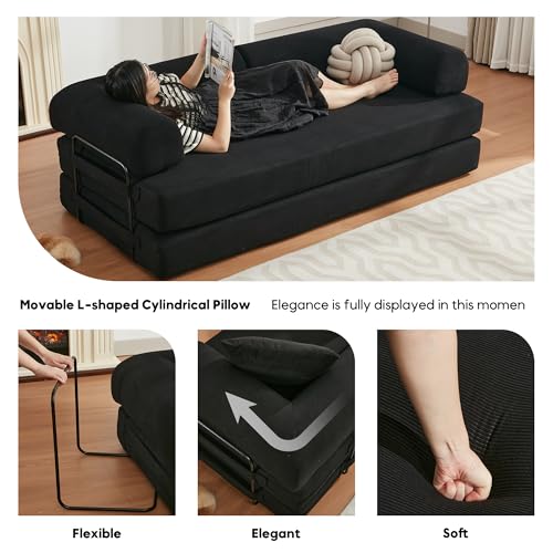 Corduroy Convertible Sleeper Sofa Bed with Pillow, Beige O72530