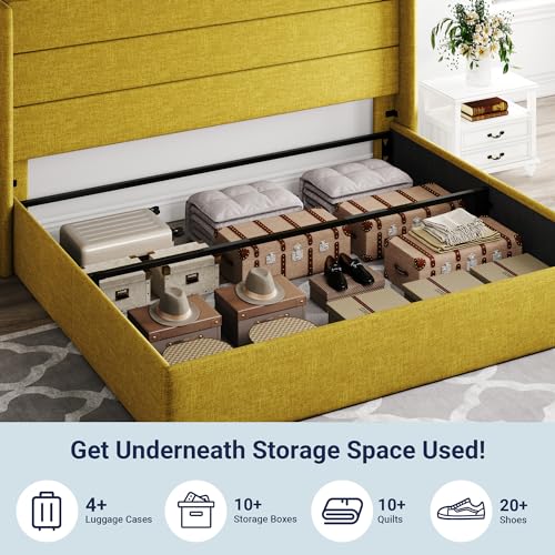 Full Size Lift Up Storage Bed with Wingback Headboard, Hydraulic Support, Light Beige P736605