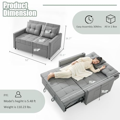 Sleeper Sofa with Pull-Out Bed, 3-in-1 Convertible, Light Gray E75945
