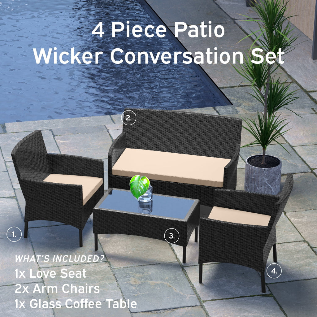 Outdoor Patio Furniture Set, Wicker Conversation Set, Black/Beige Z323