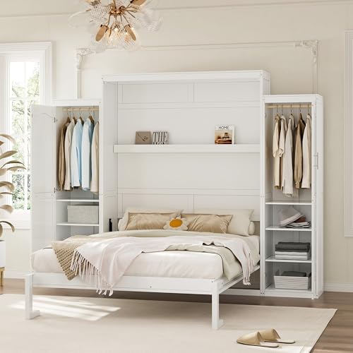 Murphy Bed with Two Wardrobes and Storage Shelf for Small Bedrooms A623