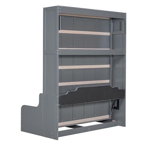 Murphy Bed Queen Size with Cushion, Foldable Sofa Bed Frame with Slat Support, White C2974