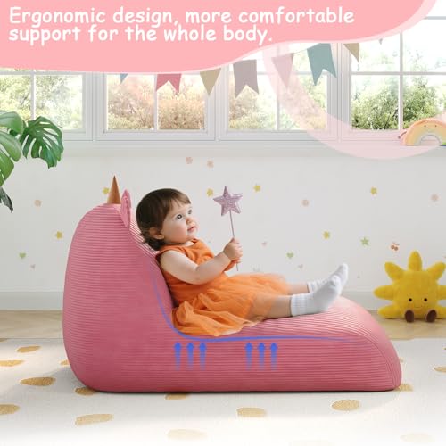 Unicorn Bean Bag Chair for Kids with Filler, Corduroy Floor Lounger, Pink W9694
