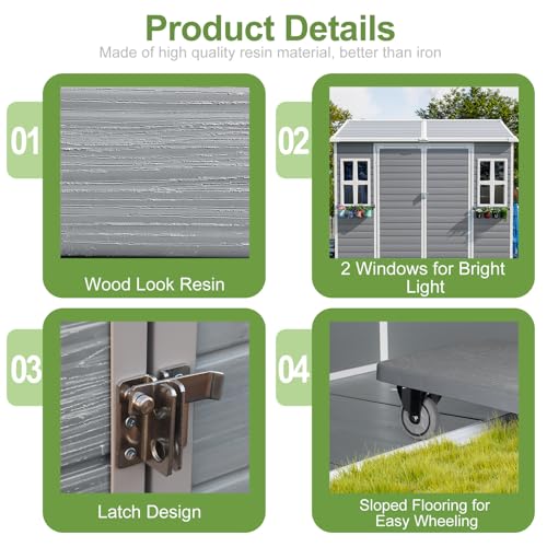 Resin Storage Shed, Waterproof Outdoor Tool Shed with Floor, Double Lockable Doors I89690