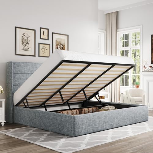 Full Size Lift Up Storage Bed with Wingback Headboard, Hydraulic Support, Light Beige P736605