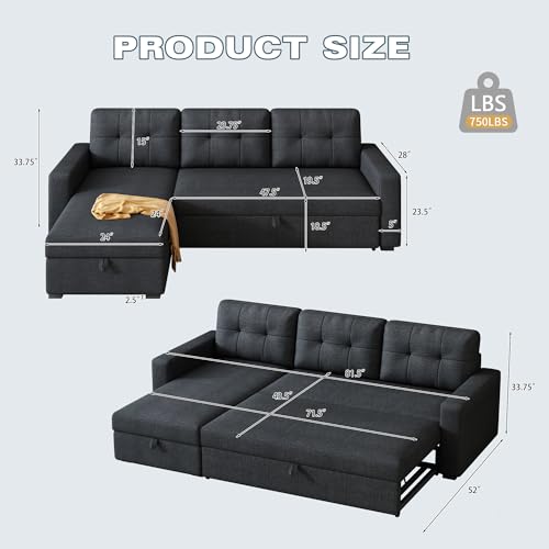 L-Shape Reversible Sectional Sleeper Sofa Bed with Storage Chaise L16844