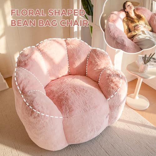 Floral Shaped Bean Bag Sofa for Adults, Faux Fur Floor Chair, Beige U8616