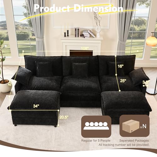 U Shaped Modular Sectional Sofa with Ottoman, Chenille, Black Z16537
