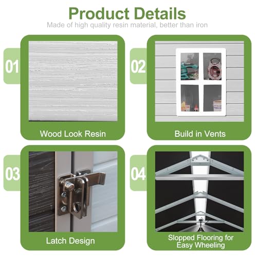 Resin Storage Shed, Waterproof Outdoor Tool Shed with Floor, Double Lockable Doors I89690