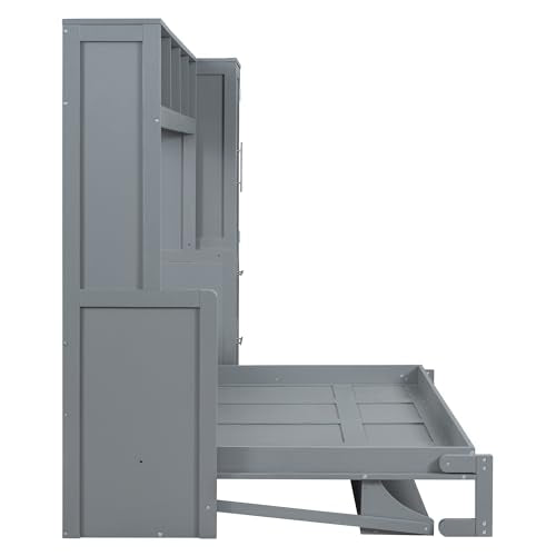 Queen Size Murphy Bed Wall Bed with Closet and Drawers, Foldable Platform Bed K658611