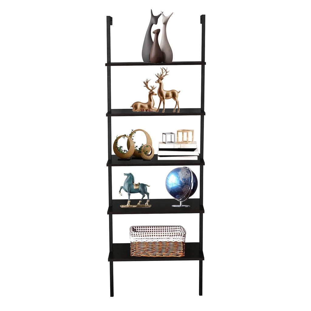 Wood Ladder Bookcase with Metal Frame, 5-Tier, Dark Walnut B71550