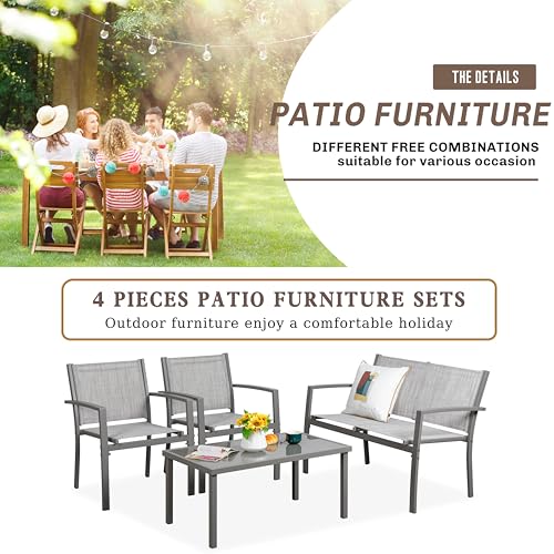 Patio Furniture Set with Glass Coffee Table, 4 Pieces, Black Q940