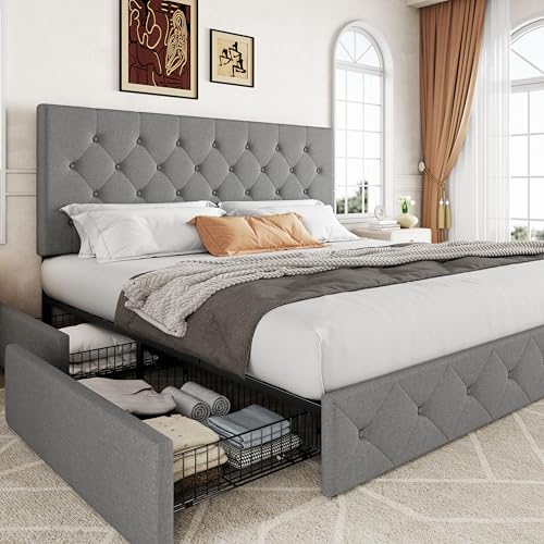 Upholstered Queen Platform Bed Frame with 4 Storage Drawers and Headboard G724955