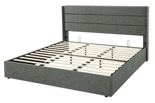 Full Size Lift Up Storage Bed with Wingback Headboard, Hydraulic Support, Light Beige P736605