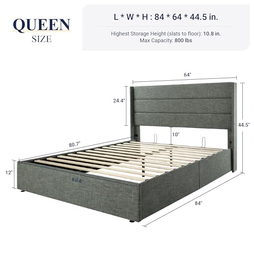 Full Size Lift Up Storage Bed with Wingback Headboard, Hydraulic Support, Light Beige P736605