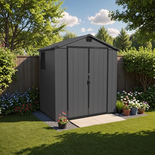 6 x 8 FT Plastic Outdoor Storage Shed with Floor and Lockable Door D7513