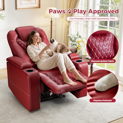 Recliner Chair with USB Ports and Cup Holders, PU Leather, Red F8675