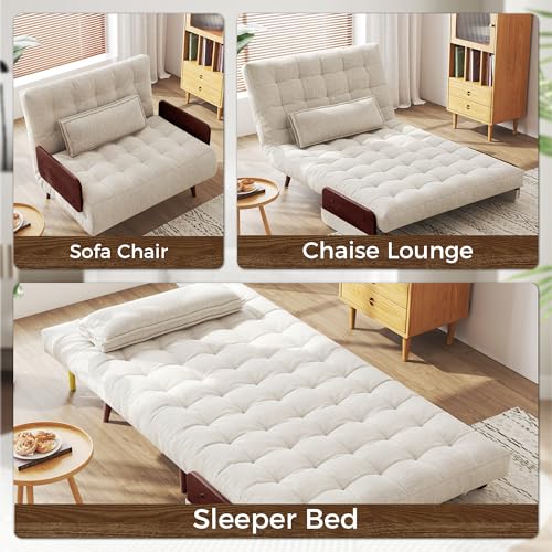 Convertible Chair Bed Sleeper for Adults, Linen with Wooden Arms & Pillows, Foldable Single Futon Sofa Bed Q683821