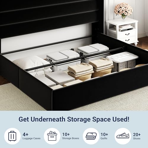 Full Size Lift Up Storage Bed with Wingback Headboard, Hydraulic Support, Light Beige P736605