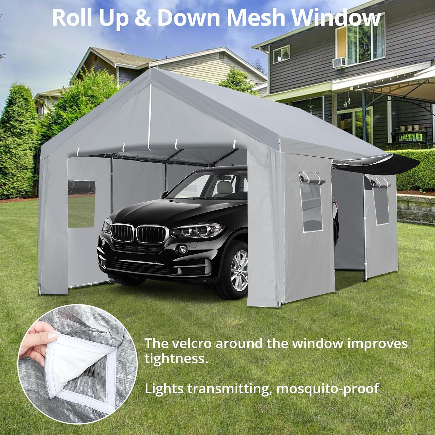 Carport 10×20 FT Portable Garage with Roll-up Doors, Galvanized Steel Frame, Grey R168