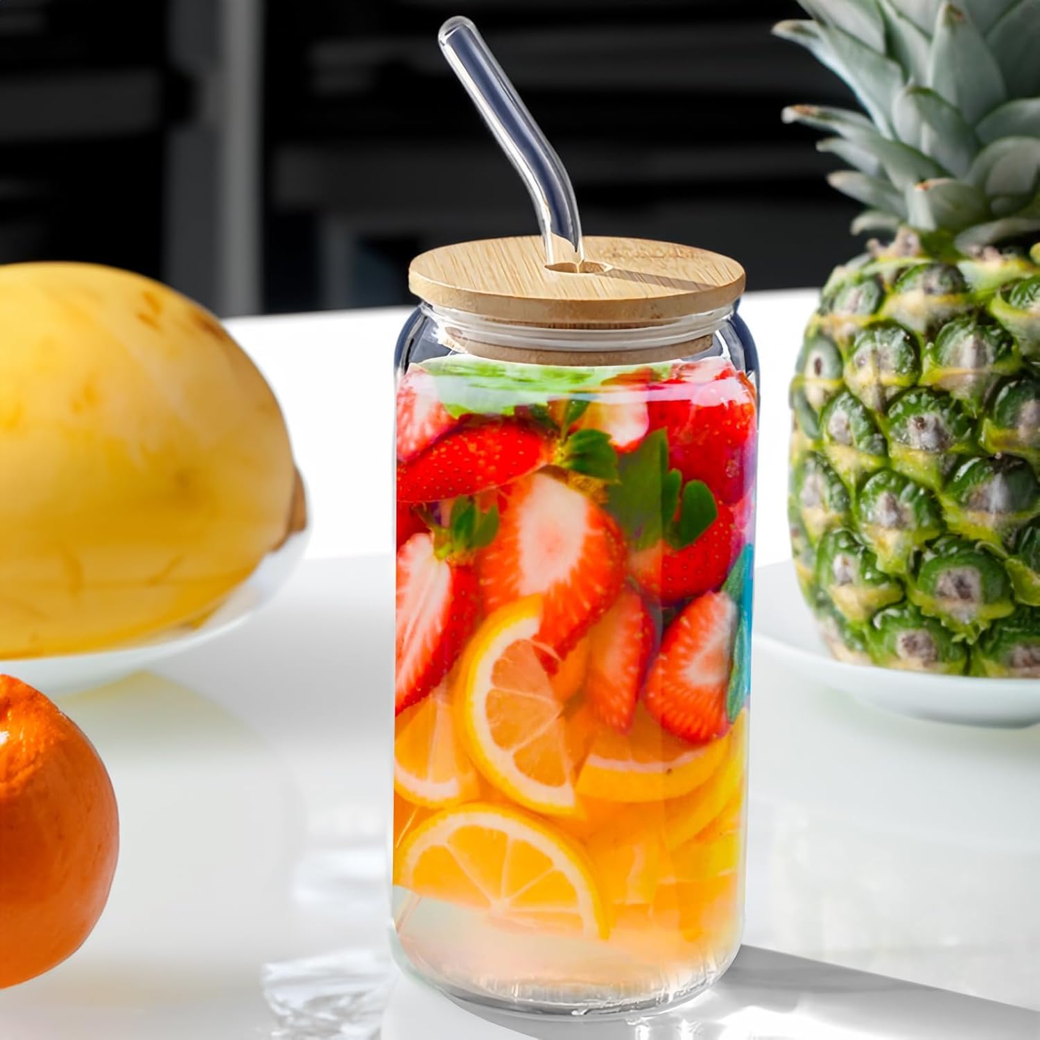Glass Cups with Bamboo Lids and Straws 16 oz G304