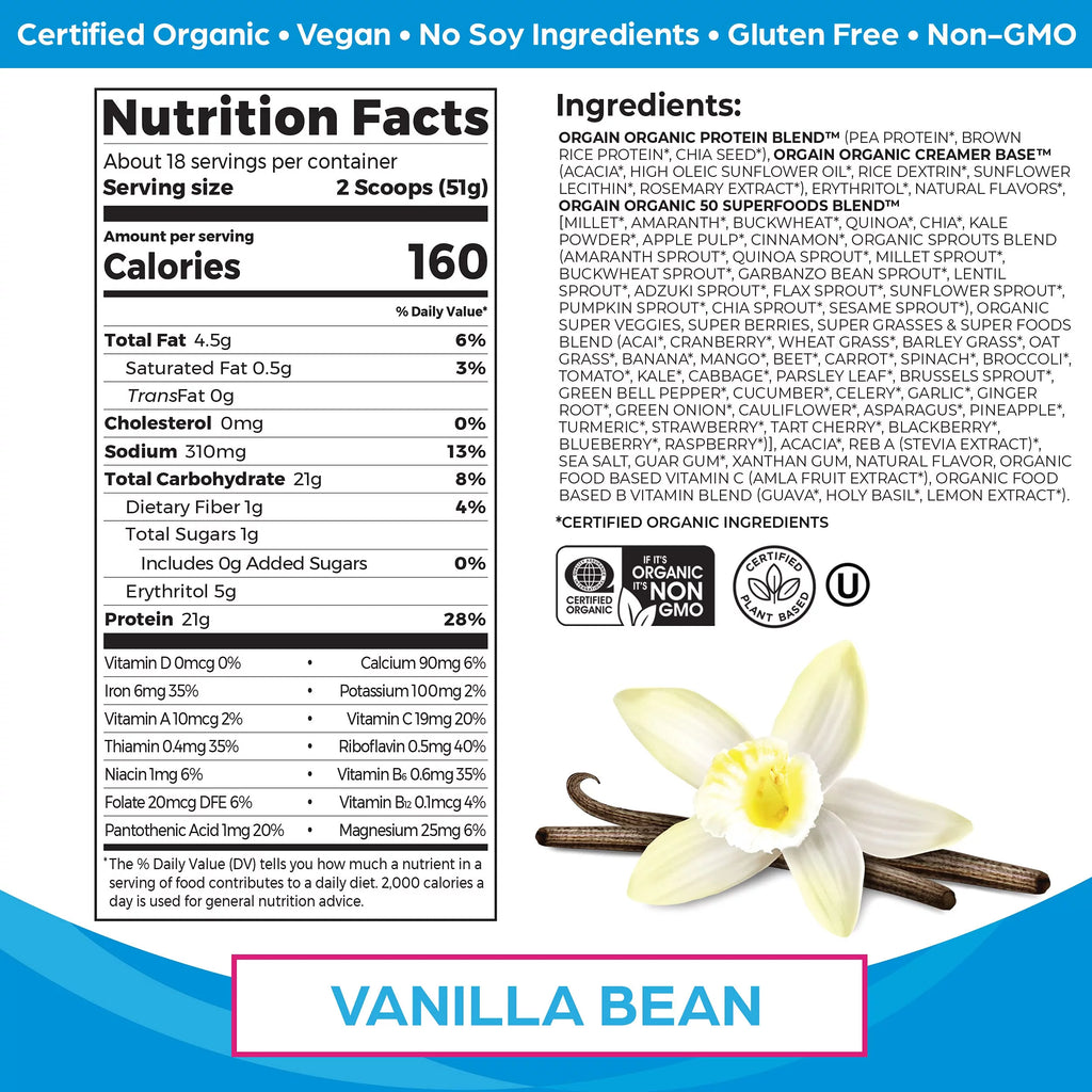 Organic Vegan Protein Powder with Superfoods, Vanilla Bean E14845