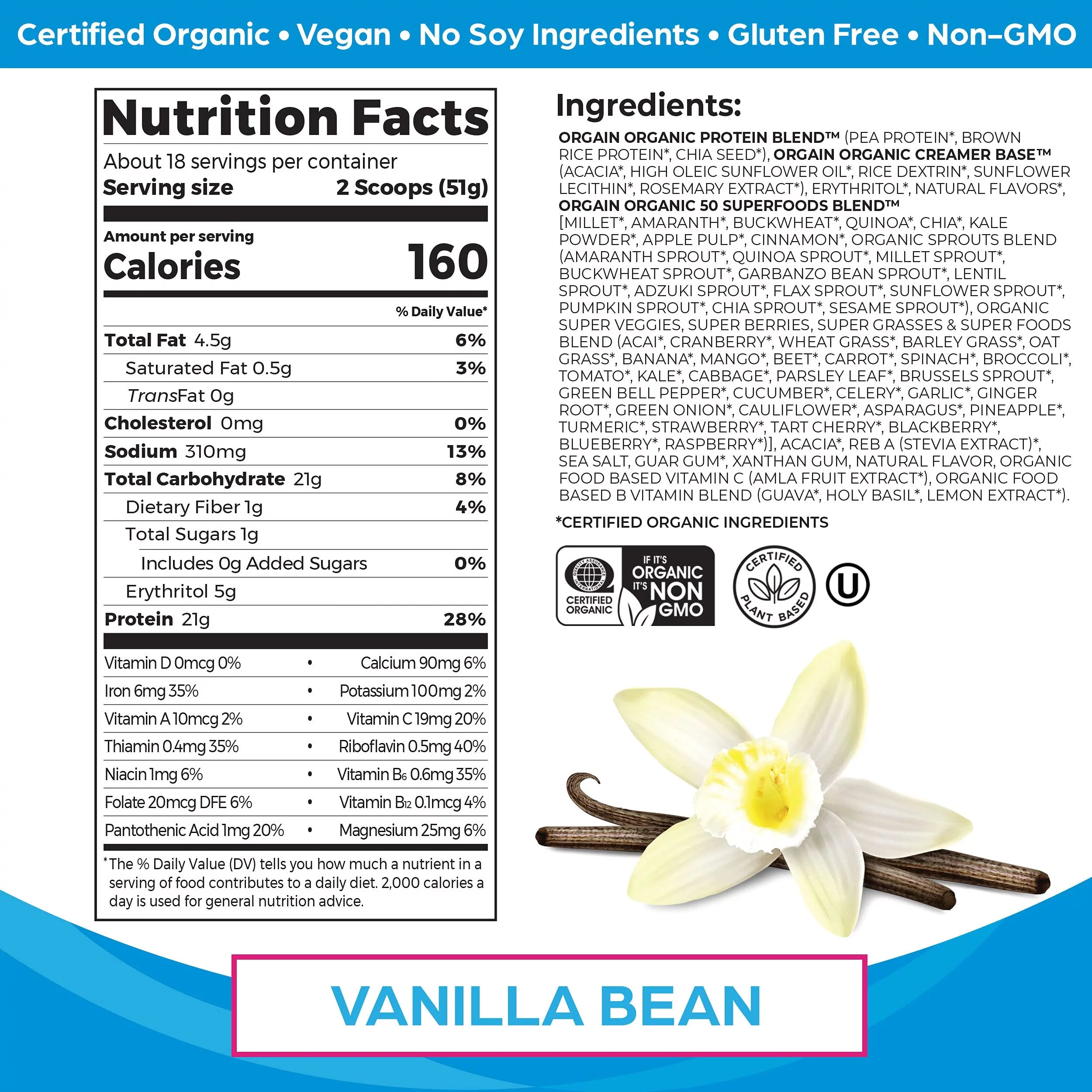 Organic Vegan Protein Powder with Superfoods, Vanilla Bean E14845