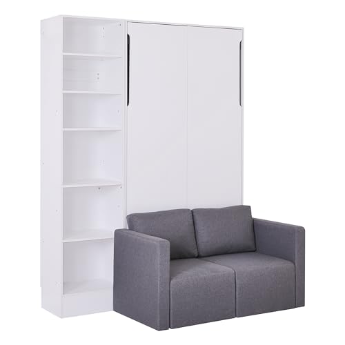 Murphy Bed Queen Size with Cushion, Foldable Sofa Bed Frame with Slat Support, White C2974
