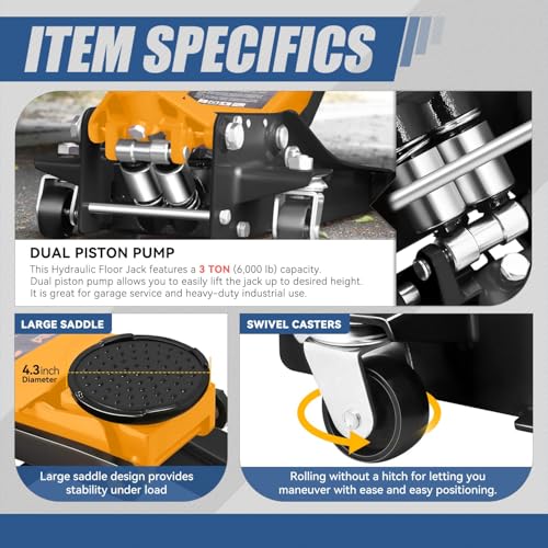 4 Ton Low Profile Floor Jack, Heavy Duty Steel Hydraulic with Dual Pistons Quick Lift Pump P3195