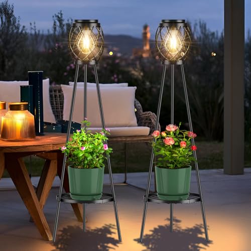 Solar Lights Outdoor with Plant Stands, Metal Tripod Patio Lamp B77585