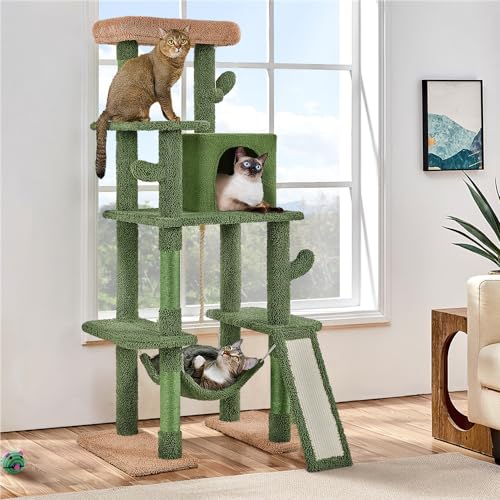 Cactus Cat Tree, 63" Multi-Level Cat Tower with Scratching Posts, Condo & Hammock O8672