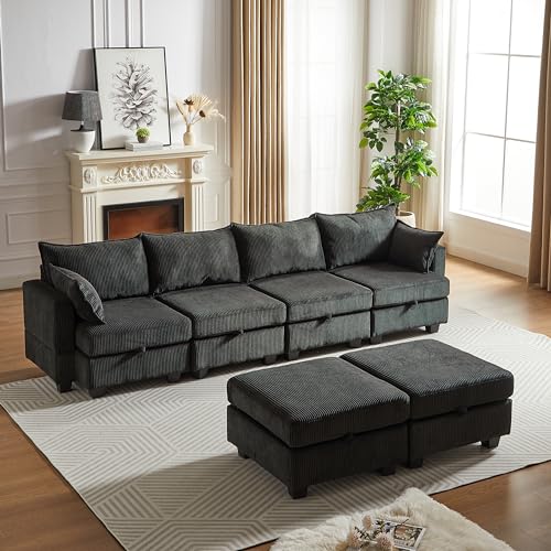 U-Shaped Oversized Modular Sectional Sofa with Corduroy Upholstery and 2 Pillows I415