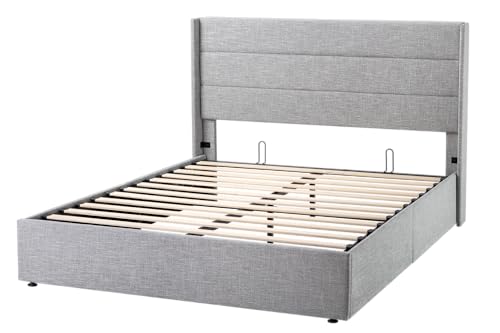 Full Size Lift Up Storage Bed with Wingback Headboard, Hydraulic Support, Light Beige P736605