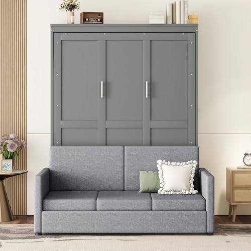 Murphy Bed Queen Size with Cushion, Foldable Sofa Bed Frame with Slat Support, White C2974