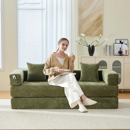 Corduroy Convertible Sleeper Sofa Bed with Pillow, Beige O72530