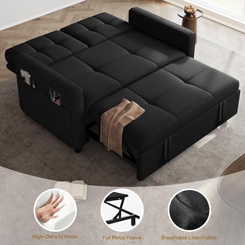 Convertible Sofa Bed, 3-in-1 Sleeper with Pull-Out Bed, Linen Futon Couch H198