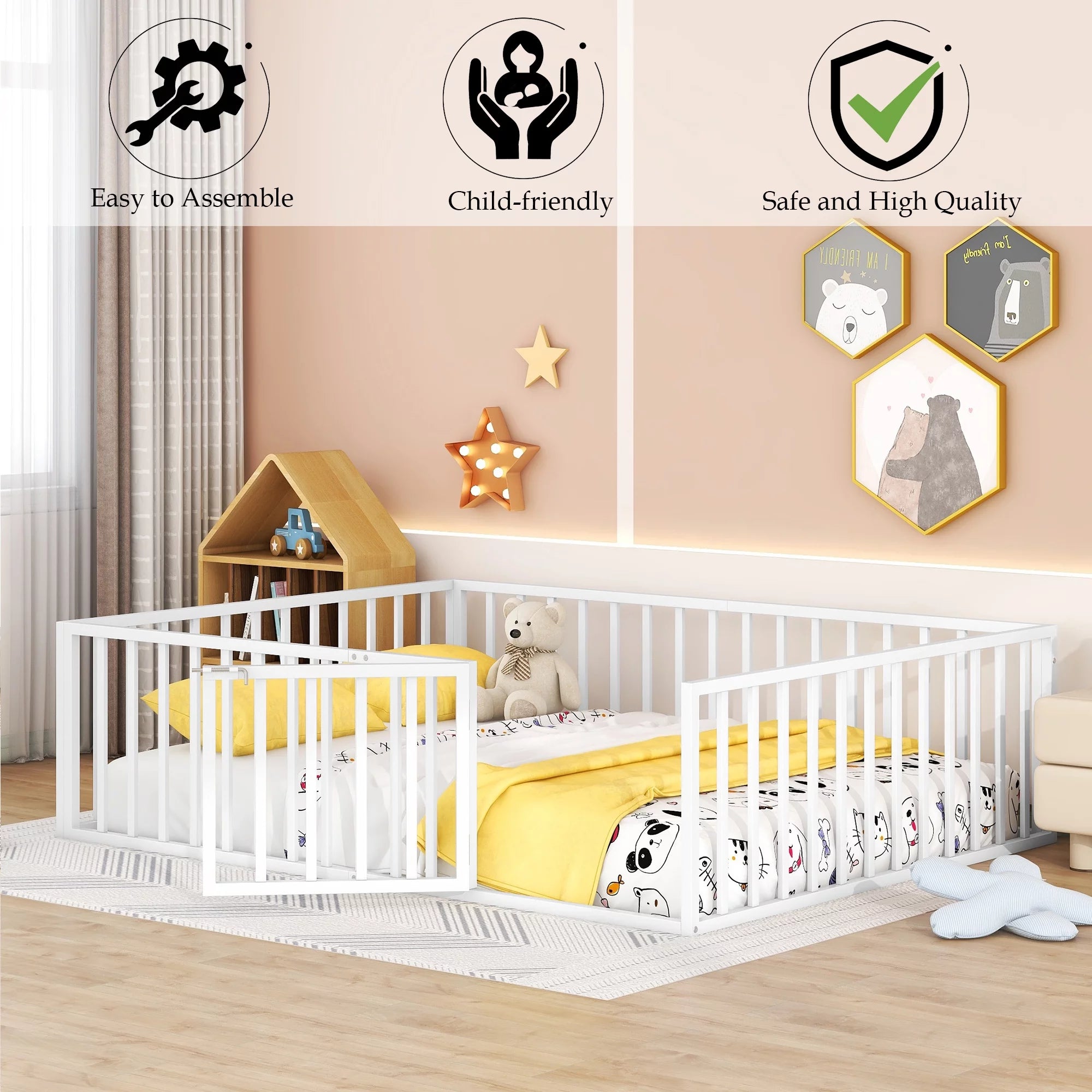 Queen Floor Bed with Fence Rails and Lockable Door for Kids, White T678