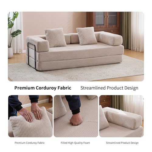 Corduroy Convertible Sleeper Sofa Bed with Pillow, Beige O72530