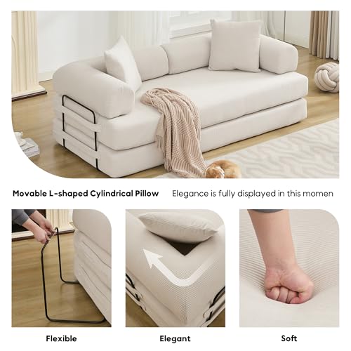 Corduroy Convertible Sleeper Sofa Bed with Pillow, Beige O72530