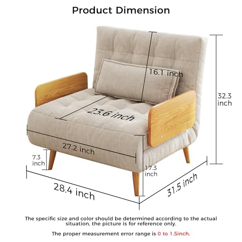 Convertible Chair Bed Sleeper for Adults, Linen with Wooden Arms & Pillows, Foldable Single Futon Sofa Bed Q683821