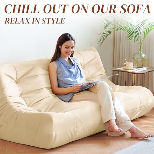 Bean Bag Chair for Adults, Suede & Microfiber Corner Lounge Sofa, 3-Seater, Beige F9802