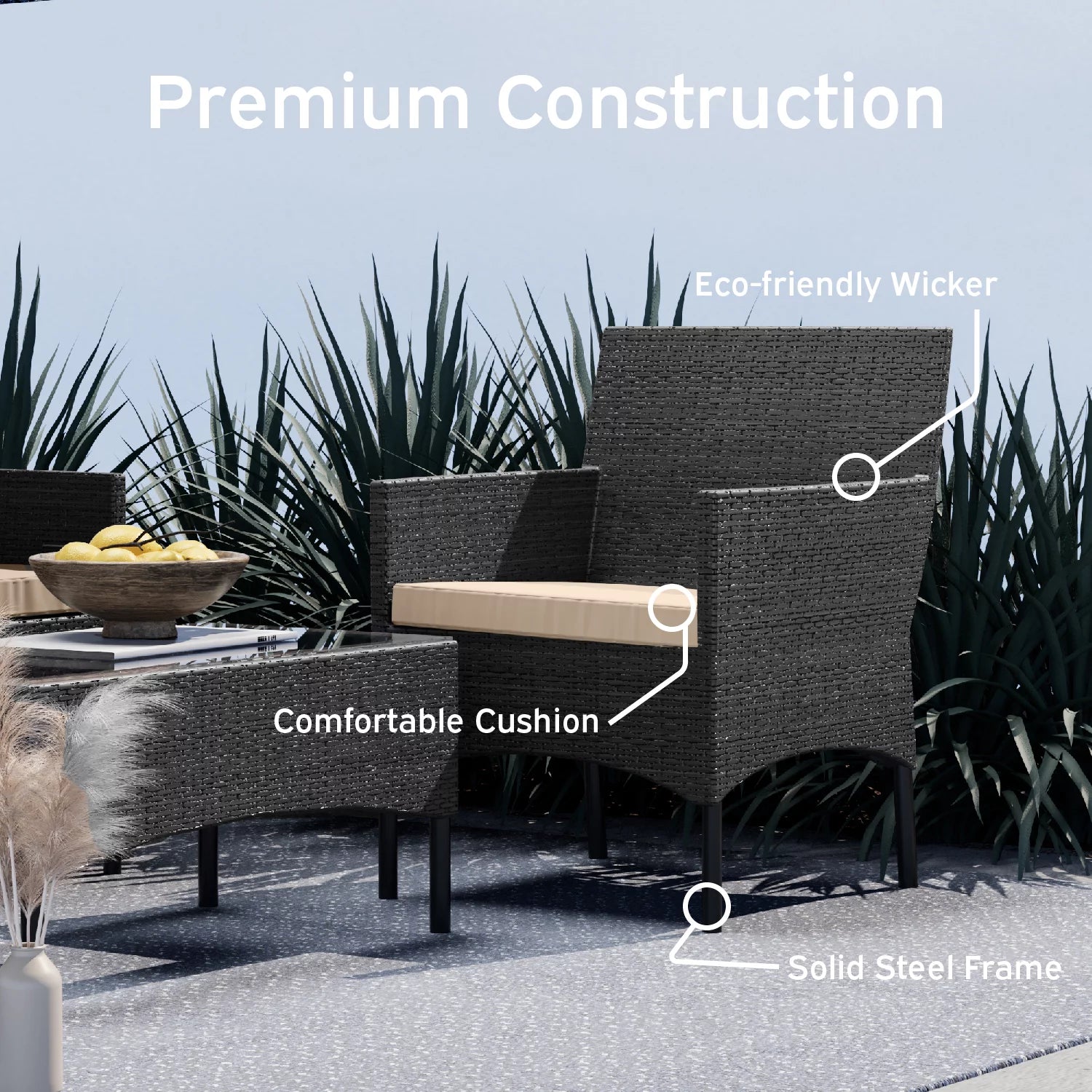Outdoor Patio Furniture Set, Wicker Conversation Set, Black/Beige Z323