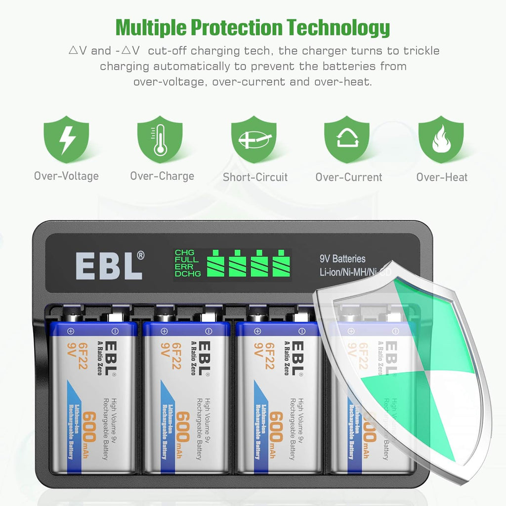 9V Rechargeable Batteries 4-Pack with LCD Smart Charger V11199