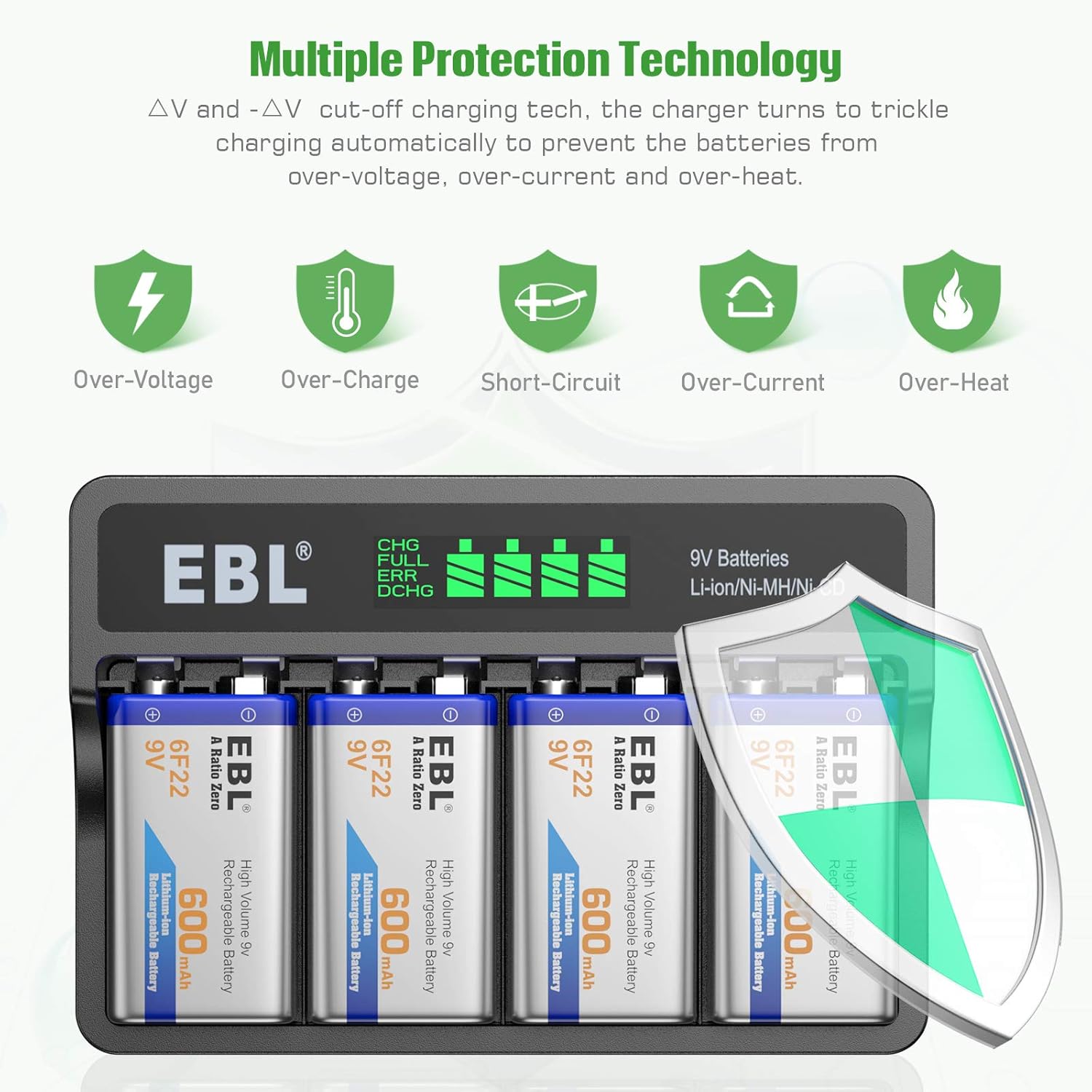 9V Rechargeable Batteries 4-Pack with LCD Smart Charger V11199