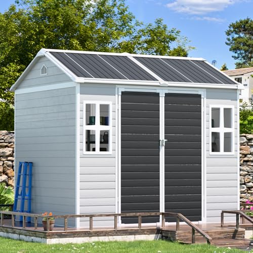 Resin Storage Shed, Waterproof Outdoor Shed with Floor, Lockable Door & 2 Windows G278