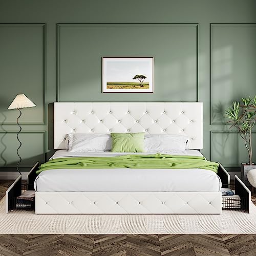 Upholstered Queen Platform Bed Frame with 4 Storage Drawers and Headboard G724955