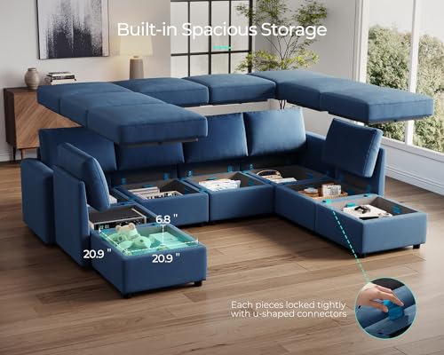 Modular Sectional Sofa with Storage, U Shaped Couch, Blue Y4358