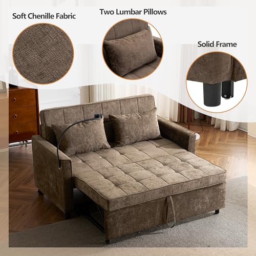 3 in 1 Convertible Sleeper Sofa Bed with USB Ports, Reversible Backrest, Brown C746