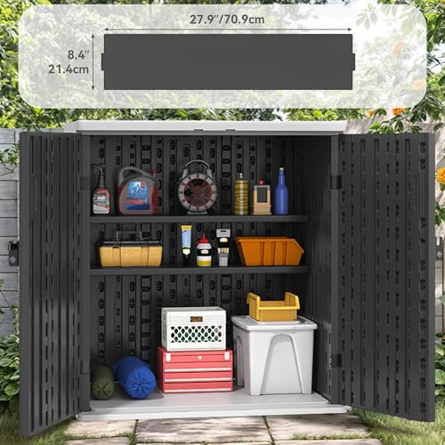 Outdoor Storage Cabinet with 2 Shelves, Waterproof Resin Tool Shed, Lockable, Dark Gray M33386