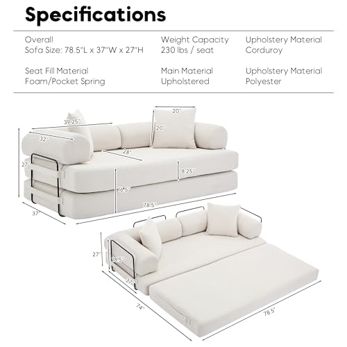 Corduroy Convertible Sleeper Sofa Bed with Pillow, Beige O72530